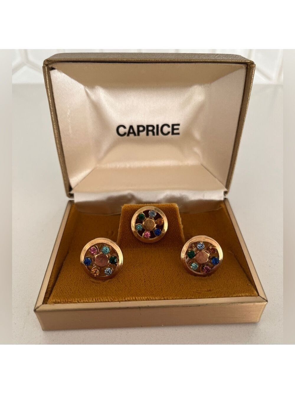 VINTAGE Cufflinks & Tie Tack Gold Tone Fancy Multi-Colour Rhinestones Dandy